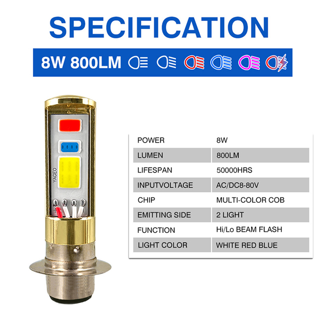 Светодиодная лампа для мотоцикла, красный, синий, белый, дальний ближний свет, вспышка P15D H6M для мотоцикла, DC 12 В, 8 Вт, 800 лм, 1 м